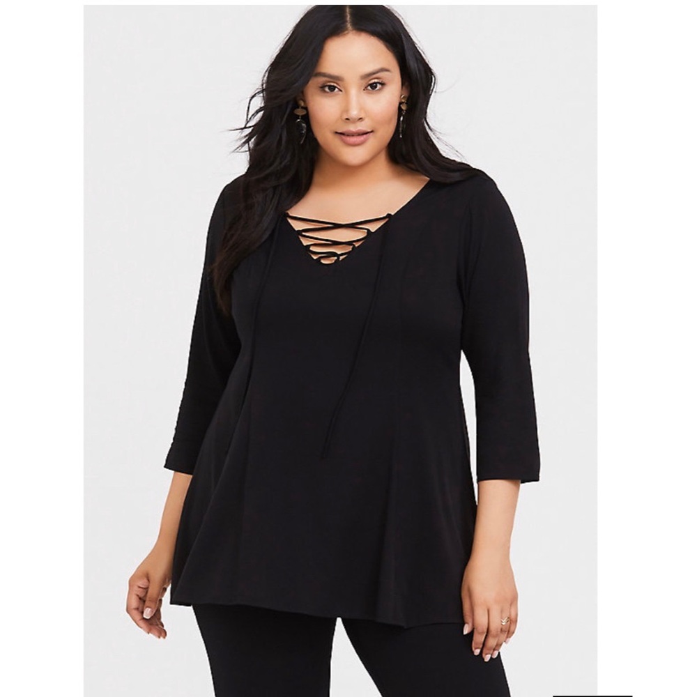 Black Stretch Challis Lace-Up Blouse